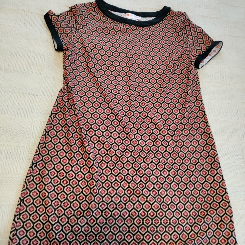 NWOT Jude Connally A-line dress with black border at neck, hem, and sleeves